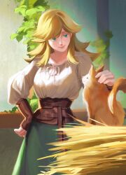 Rule 34 | 1girl, absurdres, animal, blonde hair, blue eyes, borrowed character, bracer, breasts, brown corset, cat, commentary, corset, curo (curo 02), green skirt, highres, light smile, long hair, long skirt, long sleeves, looking at animal, medieval, medium breasts, messy hair, original, perlweiss (ironlily), petting, puffy long sleeves, puffy sleeves, shirt, sidelighting, skirt, solo focus, symbol-only commentary, white shirt