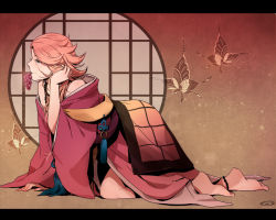 Rule 34 | 10s, 1boy, anklet, barefoot, bug, butterfly, food, fruit, full body, grapes, bug, japanese clothes, jewelry, letterboxed, long hair, male focus, mizuhara aki, mouth hold, off shoulder, pink hair, solo, souza samonji, touken ranbu