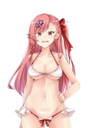 Rule 34 | 1girl, absurdres, alternate costume, bikini, blush, bow, braid, breasts, cleavage, cowboy shot, girls&#039; frontline, groin, hair between eyes, hair bow, hair ornament, hair ribbon, hairclip, hakuya (white night), hand on own hip, hexagram, highres, long hair, looking at viewer, medium breasts, negev (girls&#039; frontline), one side up, open mouth, pink hair, red bow, red eyes, ribbon, simple background, smile, solo, star of david, swimsuit, thighs, transparent background, white background