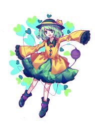 Rule 34 | 1girl, black footwear, blush, boots, buttons, commentary request, floral print, frilled shirt collar, frilled skirt, frilled sleeves, frills, full body, gem, green eyes, green skirt, hat, hat ribbon, heart, highres, komeiji koishi, long sleeves, looking at viewer, open mouth, ribbon, rose print, shirt, shoes, short hair, skirt, sleeves past wrists, solo, sparkle, teeth, third eye, touhou, upper teeth only, user fapn5825, white background, white hair, wide sleeves, yellow shirt