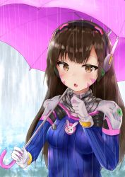 Rule 34 | 1girl, animal print, blue bodysuit, bodysuit, breasts, brown eyes, brown hair, d.va (overwatch), facepaint, facial mark, flower, gloves, headphones, high collar, highres, holding, holding umbrella, hydrangea, long hair, looking at viewer, medium breasts, open mouth, outdoors, overwatch, overwatch 1, pilot suit, rabbit print, racchi., rain, ribbed bodysuit, shoulder pads, skin tight, solo, swept bangs, umbrella, upper body, whisker markings, white gloves