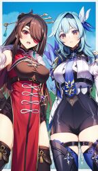 Rule 34 | 2girls, armpits, beidou (genshin impact), blue hair, blue hairband, blue necktie, blue sky, boots, border, breasts, brown hair, chest harness, chinese clothes, colored eyepatch, cowboy shot, dress, earrings, eula (genshin impact), eyepatch, fingerless gloves, genshin impact, gloves, hair ornament, hair over one eye, hair stick, hairband, hand on own hip, harness, high-waist shorts, highres, jewelry, large breasts, looking at viewer, medium hair, multiple girls, necktie, one eye covered, open mouth, outdoors, parted lips, pelvic curtain, red dress, red eyes, shibuki kamone, shorts, side cape, sidelocks, skindentation, sky, tassel, tassel earrings, tassel hair ornament, thick thighs, thigh boots, thigh strap, thighs, vision (genshin impact), white border