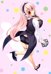 Rule 34 | 1girl, blush, breasts, card, cleavage, cosplay, headphones, high heels, holding, holding card, kouki kuu, large breasts, long hair, looking at viewer, miniskirt, nitroplus, open mouth, pencil skirt, pink hair, red eyes, rio rollins, rio rollins (cosplay), skirt, solo, super blackjack, super sonico