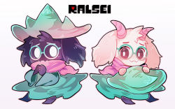 Rule 34 | 2boys, chibi, cloak, colored skin, deltarune, dual persona, gaito-san, glasses, green headwear, hat, highres, holding, holding clothes, holding hat, male focus, multiple boys, no headwear, no headwear, no humans, pink scarf, ralsei, scarf, shaded face