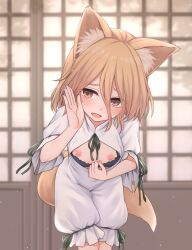 Rule 34 | 1girl, animal ears, blonde hair, blush, bra, bra pull, breasts, clothes pull, commentary request, flashing, fox ears, fox tail, green ribbon, hand on own cheek, hand on own face, highres, kudamaki tsukasa, leaning forward, miyo (ranthath), nipples, open clothes, open mouth, ribbon, romper, short hair, short sleeves, shouji, sliding doors, small breasts, smile, solo, tail, touhou, underwear, white romper, yellow eyes