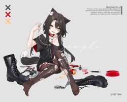 Rule 34 | 1girl, absurdres, anger vein, animal ear fluff, animal ears, artist name, artist self-insert, black footwear, black hair, black pantyhose, black shirt, boots, bowl, boxcutter, cat ears, cat girl, cat tail, cellphone, collar, cosmetics, cuffs, earbuds, earphones, fangs, fishnet pantyhose, fishnets, full body, grey background, handcuffs, highres, latin text, leash, long hair, looking at viewer, medicine, muzzle, nail polish bottle, off shoulder, original, pantyhose, pet bowl, phone, pill, pringles, pringles can, sample watermark, shirt, simple background, smartphone, svet yomi, tail, torn clothes, torn pantyhose, unworn boots, watermark, yellow eyes