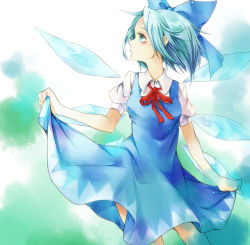 Rule 34 | 1girl, bad id, bad pixiv id, blue eyes, blue hair, bow, cirno, dress, hair bow, kanta (co2co8), matching hair/eyes, neon (co2co8), profile, short hair, skirt hold, solo, touhou, wings