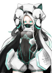 Rule 34 | 1girl, animal hat, aqua eyes, arms up, bodysuit, breasts, cape, cat hat, covered mouth, covered navel, glowing, glowing eyes, half mask, hat, long hair, mask, mouth mask, neon trim, original, rekise, small breasts, solo, very long hair, white hair