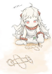 Rule 34 | 10s, 1girl, abyssal ship, ahoge, bare shoulders, colored skin, dress, gloves, horns, kantai collection, long hair, mittens, northern ocean princess, pale skin, red eyes, sitting, solo, taruya, wariza, white dress, white gloves, white hair, white skin