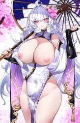 Rule 34 | 1girl, absurdres, ahoge, bare shoulders, breasts, breasts out, casul, dress, fate/grand order, fate/prototype, fate (series), highres, huge breasts, large breasts, long hair, looking at viewer, merlin (fate/prototype), nipples, oil-paper umbrella, pelvic curtain, purple eyes, solo, thighs, umbrella, very long hair, white dress, white hair