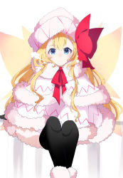 Rule 34 | absurdres, alternate costume, ametama (runarunaruta5656), arms at sides, black gloves, black pantyhose, blonde hair, blue eyes, blush, bow, breath, coat, eyebrows, fairy wings, fuzzy footwear, gloves, headwear request, highres, knees, lily white, long hair, pantyhose, red bow, red ribbon, ribbon, sitting, smile, touhou, white background, white headwear, wings, winter clothes, winter coat, yellow wings