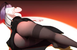 Rule 34 | 10s, 1girl, absurdres, ass, ass focus, black panties, black pantyhose, black skirt, blouse, clothes lift, dagashi kashi, frilled sleeves, frills, from behind, from below, hair ornament, hair ribbon, high-waist skirt, highres, lying, nail polish, nero (nilu), no shoes, on side, panties, panties under pantyhose, pantyhose, purple hair, ribbon, scrunchie, shidare hotaru, shirt, short hair, short sleeves, skirt, skirt lift, solo, suspender skirt, suspenders, thighband pantyhose, thighs, thong, underwear, upskirt, white shirt, wide hips, wrist scrunchie