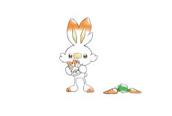 Rule 34 | brown eyes, carrot, commentary request, creatures (company), fang, game freak, gen 8 pokemon, highres, holding, nao me mo, nintendo, pokemon, pokemon (creature), scorbunny, simple background, solo, standing, toes, white background