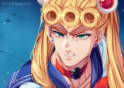 Rule 34 | 1boy, araki hirohiko (style), artist name, bishoujo senshi sailor moon, blonde hair, blue sailor collar, braid, bug, choker, clenched teeth, collarbone, colored eyelashes, cosplay, crescent, crossdressing, derivative work, diadem, double bun, earrings, frown, giorno giovanna, green eyes, hair bun, hair ornament, hair over shoulder, highres, insect, jewelry, jojo no kimyou na bouken, ladybug, looking to the side, male focus, manly, meme, muscular, parody, pendant choker, ren ayume, sailor collar, sailor moon, sailor moon (cosplay), sailor moon redraw challenge (meme), sailor senshi, sailor senshi uniform, screenshot redraw, serious, solo, sparkle, stud earrings, style parody, teeth, twintails, vento aureo