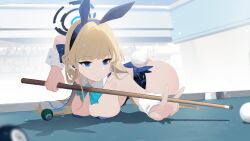 Rule 34 | 1girl, absurdres, animal ears, aqua bow, aqua bowtie, blonde hair, blue archive, blue eyes, blue hairband, blue leotard, bow, bowtie, breast rest, breasts, breasts on table, cleavage, cue stick, detached collar, earpiece, fake animal ears, fake tail, hairband, halo, highleg, highleg leotard, highres, hime cut, large breasts, leotard, official alternate costume, playboy bunny, pool table, qianhui, rabbit ears, rabbit tail, strapless, strapless leotard, table, tail, toki (blue archive), toki (bunny) (blue archive), white wrist cuffs, wrist cuffs