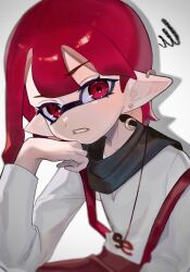 Rule 34 | 1girl, annoyed, clenched teeth, commentary request, crescent, crescent earrings, d msy8, earrings, hand on own chin, head rest, highres, inkling, inkling girl, inkling player character, jewelry, long sleeves, medium hair, multiple earrings, necklace, nintendo, pointy ears, raised eyebrow, red eyes, red hair, red skirt, scribble, shadow, shirt, skirt, solo, splatoon (series), strap slip, suspender skirt, suspenders, teeth, tentacle hair, upper body, v-neck, v-shaped eyebrows, white background, white shirt