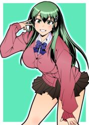 Rule 34 | 1girl, breasts, buttons, cardigan, collared shirt, green eyes, green hair, hair between eyes, hair ornament, hairclip, kantai collection, large breasts, long hair, long sleeves, looking at viewer, masaki, official alternate costume, open mouth, pink cardigan, shirt, skirt, smile, solo, suzuya (kancolle), v, white shirt