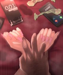 Rule 34 | 1boy, 1girl, cellphone, commentary request, condom, condom box, condom packet strip, condom wrapper, crossed wrists, dark-skinned male, dark skin, eruu (eruuman), fake nails, feet out of frame, hairy, hand hair, highres, implied sex, incoming call, jewelry, kitagawa marin, motion lines, multiple rings, netorare, okamoto condoms, partially translated, phone, phone call, pink nails, restrained, ring, smartphone, sono bisque doll wa koi wo suru, stained sheets, sweat, translation request, used condom