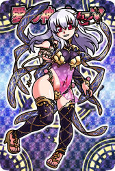 Rule 34 | 1girl, armor, bikini armor, breasts, collar, detached sleeves, dress, earrings, fate/grand order, fate (series), hair ribbon, high heels, jewelry, kama (fate), kama (second ascension) (fate), large breasts, long hair, looking at viewer, metal collar, parody, purple dress, purple sleeves, purple thighhighs, red eyes, ribbon, sandals, shinrabanshou, smile, solo, style parody, suiumi, thighhighs, thighs, white hair