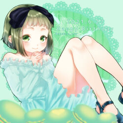 Rule 34 | 1girl, asagi nanase, blue dress, blush, dated, dress, green eyes, green hair, happy birthday, headband, highres, long sleeves, looking at viewer, milgram, momose amane, off-shoulder dress, off shoulder, own hands clasped, own hands together, short hair, smile, solo, twitter username