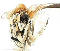 Rule 34 | 1boy, 1girl, arrancar, black hair, bleach, chain, couple, elevenfreckles, entangled, frown, hair between eyes, hand on another&#039;s head, heads together, hetero, holding, hollow (bleach), inoue orihime, number tattoo, orange hair, pale skin, simple background, tattoo, torn clothes, ulquiorra cifer, white background