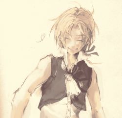 Rule 34 | 00s, 1boy, ascot, bad id, bad pixiv id, closed eyes, final fantasy, final fantasy ix, gradient background, lowres, male focus, monochrome, ponytail, sepia, simple background, siroop 23, sleeveless, smile, solo, zidane tribal