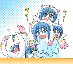 Rule 34 | &gt; &lt;, 5girls, :d, blue eyes, blue hair, chibi, clone, closed eyes, cosplay, female focus, glass, halftone, halftone background, in container, in water, kyubey, kyubey (cosplay), mahou shoujo madoka magica, mahou shoujo madoka magica (anime), matching hair/eyes, miki sayaka, multiple girls, open mouth, smile, tripping, wakabayashi makoto, waving, white background