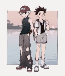 Rule 34 | 2boys, backpack, bag, bandaid, bandaid on face, bandaid on leg, bandaid on nose, baseball cap, black eyes, black hair, black pants, blowing bubbles, closed mouth, full body, gon freecss, grey hair, grey shorts, hand in pocket, hat, highres, hunter x hunter, jewelry, kiko, killua zoldyck, male focus, multiple boys, necklace, pants, red headwear, shirt, shoes, short sleeves, shorts, sleeveless, spiked hair, standing, torn clothes, torn pants