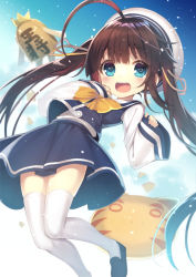 Rule 34 | 1girl, :d, ahoge, beret, black footwear, blue eyes, blue skirt, blue sky, blue vest, blurry, blurry background, blush, brown hair, cat-shaped pillow, cloud, cloudy sky, commentary request, crown, day, depth of field, gurasion (gurasion), hair between eyes, hat, heart, heart-shaped pupils, highres, hinatsuru ai, loafers, long hair, long sleeves, open mouth, outdoors, pinching sleeves, ryuuou no oshigoto!, sailor collar, school uniform, serafuku, shirt, shoes, shogi piece, skirt, sky, sleeves past wrists, smile, solo, symbol-shaped pupils, teeth, thighhighs, twintails, upper teeth only, very long hair, vest, white hat, white sailor collar, white shirt, white thighhighs, wide sleeves