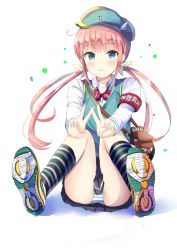Rule 34 | 1girl, armband, bag, black skirt, blue eyes, blue hat, blue vest, blush, bow, bowtie, commentary request, double v, hat, kneehighs, long hair, long sleeves, looking at viewer, morerin, multicolored footwear, original, panties, parted lips, pink hair, pleated skirt, red bow, red bowtie, shirt, shoes, shoulder bag, skirt, smile, sneakers, socks, solo, striped clothes, striped panties, striped socks, translated, twintails, underwear, v, very long hair, vest, white background, white shirt