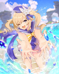 Rule 34 | 1girl, ;d, artist name, barbara (genshin impact), barbara (summertime sparkle) (genshin impact), beach, blonde hair, blue eyes, blue sky, bow, cloud, drill hair, flower, genshin impact, hair flower, hair ornament, hat, highres, looking at viewer, mitchellmarrker, one eye closed, open mouth, outstretched arms, partially submerged, sailor collar, sailor hat, sky, smile, splashing, swimsuit, twin drills, twintails, water, yellow bow