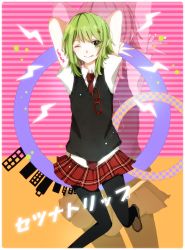 Rule 34 | 1girl, ;p, black pantyhose, green eyes, green hair, gumi, hair ornament, hairclip, highres, hiiro, looking at viewer, matching hair/eyes, necktie, one eye closed, pantyhose, plaid, plaid skirt, school uniform, setsuna trip (vocaloid), short hair, skirt, smile, solo, tongue, tongue out, v, vocaloid, wink