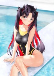 Rule 34 | 1girl, absurdres, black hair, black one-piece swimsuit, blush, breasts, competition swimsuit, fate/grand order, fate (series), grey eyes, highres, horns, ishtar (fate), long hair, looking at viewer, multicolored hair, one-piece swimsuit, open mouth, red hair, solo, space ishtar (fate), space ishtar (first ascension) (fate), swimsuit, thighs, two-tone hair, two side up, yayanri, yellow one-piece swimsuit