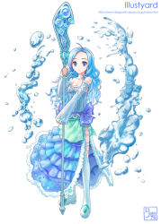 Rule 34 | 1girl, blue eyes, blue hair, fantasy, long hair, matching hair/eyes, original, solo, staff, thighhighs, water, yuugiri (u-slash)