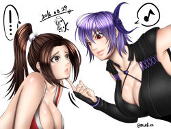 Rule 34 | 2girls, ayane (doa), breasts, brown hair, cleavage, crossover, dead or alive, dead or alive 5, fatal fury, large breasts, multiple girls, ninja, ponytail, purple hair, shiranui mai, smile, the king of fighters