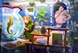 Rule 34 | 2boys, bald, blonde hair, blue eyes, book, commentary, fish, fishbowl, fisherman (majora&#039;s mask), green tunic, highres, knife, link, multiple boys, nintendo, nshi, parted bangs, plant, potted plant, seahorse, shield, shield on back, tagme, tattoo, the legend of zelda, the legend of zelda: majora&#039;s mask, towel, towel around neck, young link