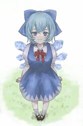 Rule 34 | 1girl, arms at sides, black footwear, blue bow, blue dress, blue hair, blush, bow, bowtie, cirno, closed mouth, commentary, dress, dwioshxyc, full body, hair between eyes, hair bow, highres, ice, ice wings, looking at viewer, mary janes, puffy short sleeves, puffy sleeves, red bow, red bowtie, shirt, shoes, short hair, short sleeves, sleeve cuffs, smile, socks, solo, standing, touhou, white shirt, white socks, wings