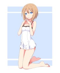 Rule 34 | 10s, 1girl, absurdres, bad id, bad pixiv id, bare shoulders, barefoot, blanc (neptunia), blue eyes, breasts, brown hair, cleavage, full body, highres, neptune (series), own hands clasped, own hands together, rizkeith, short hair, simple background, solo