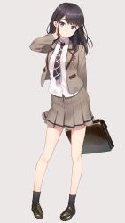 Rule 34 | 1girl, black hair, black socks, blush, breasts, briefcase, brown footwear, brown skirt, closed mouth, collared shirt, full body, green eyes, grey background, highres, holding, holding briefcase, hyuuga azuri, large breasts, loafers, long hair, long sleeves, looking at viewer, necktie, original, school briefcase, shirt, shoes, simple background, skirt, smile, socks, solo, white shirt