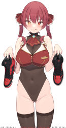 Rule 34 | 1girl, :q, absurdres, air jordan, air jordan 1, ascot, bodysuit, breasts, brown bodysuit, brown thighhighs, cleavage, cloba, covered navel, duplicate, gluteal fold, hair ribbon, heterochromia, highres, holding, holding shoes, hololive, houshou marine, large breasts, medium hair, nike (company), pixel-perfect duplicate, red ascot, red eyes, red hair, red ribbon, ribbon, see-through, see-through cleavage, shoes, simple background, smell, solo, standing, steam, thighhighs, thighs, tongue, tongue out, twintails, virtual youtuber, white background, yellow eyes
