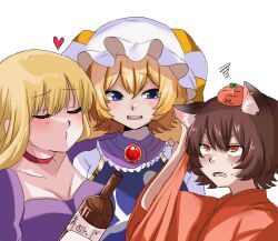 Rule 34 | 3girls, alternate costume, animal ear fluff, animal ear piercing, animal ears, arm up, blonde hair, blue eyes, blush, bottle, breasts, brooch, brown eyes, brown hair, cat ears, chen, choker, commentary request, double-parted bangs, dress, earrings, ears down, fang, food, food on head, frown, fruit, gold trim, hat, heart, height difference, highres, holding, holding bottle, jewelry, kashiwara mana, large breasts, long hair, looking at another, looking up, mandarin orange, mob cap, multiple girls, no headwear, o3o, object on head, open mouth, puckered lips, purple dress, raised eyebrow, red choker, red robe, robe, sake bottle, sanpaku, short hair, simple background, single earring, sleeves past elbows, smile, squiggle, sweat, touhou, upper body, v-shaped eyebrows, white background, wide sleeves, yakumo ran, yakumo yukari