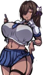 Rule 34 | 1girl, black collar, black panties, blue necktie, breasts, brown eyes, brown hair, clothes lift, collar, collared shirt, cropped shirt, dark-skinned female, dark skin, goddess of victory: nikke, hair ornament, highres, holding, huge breasts, long hair, looking at viewer, loose necktie, mouth hold, naga (nikke), navel, necktie, one eye covered, panties, pleated skirt, sankakukin gear, shirt, short sleeves, side ponytail, simple background, skirt, skirt lift, solo, string panties, striped necktie, underwear, unfinished, white background, white shirt