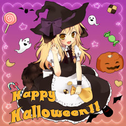 Rule 34 | 1girl, animal ears, bat (animal), blonde hair, braid, candy, candy cane, checkerboard cookie, cookie, crescent, english text, fang, female focus, food, ghost, halloween, happy halloween, hat, heart, jack-o&#039;-lantern, kirisame marisa, lollipop, long hair, looking at viewer, open mouth, pumpkin, purin jiisan, purple background, solo, swirl lollipop, tail, touhou, witch, witch hat, yellow eyes
