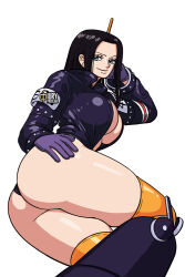 Rule 34 | 1girl, artist name, ass, ass focus, black hair, black jacket, black panties, breasts, butt crack, cameltoe, curvy, foreshortening, heart, huge ass, iury padilha, jacket, large breasts, long hair, looking at viewer, looking back, nico robin, nico robin (egghead), one piece, panties, smile, solo, thong, underwear, wide hips