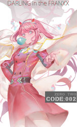 Rule 34 | 1girl, aqua eyes, breasts, blowing bubbles, buttons, character name, chewing gum, cowboy shot, darling in the franxx, double-breasted, feixiang de huojiren, hairband, highres, horns, jacket, looking at viewer, medium breasts, military, military uniform, necktie, oni horns, pink hair, red horns, red jacket, strelizia, suit jacket, uniform, white hairband, yellow necktie, zero two (darling in the franxx)