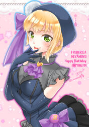 Rule 34 | 1girl, arm under breasts, ascot, bare shoulders, blonde hair, blue dress, blue gloves, blue hat, blush, bow, breasts, dated, dress, dress bow, elbow gloves, frilled dress, frills, from side, gloves, green eyes, hair bow, hair ribbon, hand up, happy birthday, hat, idolmaster, idolmaster cinderella girls, idolmaster cinderella girls starlight stage, kisekisaki, looking at viewer, medium breasts, miyamoto frederica, pink background, pom pom (clothes), purple ascot, purple bow, purple ribbon, ribbon, short hair, signature, sleeveless, sleeveless dress, smile, solo, star (symbol), starry background, tongue, tongue out, twitter username, upper body