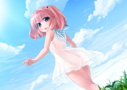 Rule 34 | 1girl, blush, child, dress, hair bobbles, hair ornament, highres, long hair, looking back, moegi nenene, open mouth, original, pink eyes, pink hair, see-through, short twintails, sky, smile, solo, sundress, twintails