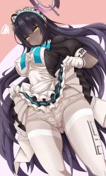 Rule 34 | 1girl, ahoge, akatama man, apron, bad id, bad pixiv id, black dress, black hair, blue archive, blue neckwear, blush, breasts, clothes lift, covered erect nipples, dark-skinned female, dark skin, dress, dress lift, gloves, hair between eyes, halo, highres, karin (blue archive), large breasts, lifting own clothes, long hair, maid, maid headdress, panties, panties over pantyhose, pantyhose, parted lips, puffy short sleeves, puffy sleeves, short dress, short sleeves, skindentation, solo, standing, sweat, taut clothes, taut dress, thighband pantyhose, underwear, very long hair, white apron, white gloves, white pantyhose, yellow eyes