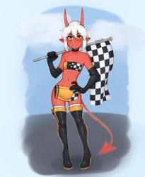Rule 34 | 1girl, bare shoulders, boots, breasts, checkered flag, choker, cleavage, collarbone, colored skin, demon girl, elbow gloves, eyes visible through hair, flag, gloves, hair between eyes, hand on own hip, high heels, highres, holding, holding flag, horns, li (rob ishi), looking at viewer, midriff, navel, original, pointy ears, race queen, red skin, rob ishi, short hair, simple background, sleeveless, small breasts, smile, solo, standing, stomach, strapless, thigh boots, thighhighs, tube top, white hair, yellow eyes, zettai ryouiki