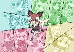 Rule 34 | 6+girls, ;d, ^ ^, aardwolf (kemono friends), aardwolf print, animal ears, animal print, arms up, blunt bangs, bow, bowtie, brown hair, cape giraffe (kemono friends), chapman&#039;s zebra (kemono friends), chibi, closed eyes, closed mouth, detached sleeves, elbow gloves, empty eyes, extra ears, facing viewer, flower, full body, furrowed brow, giraffe ears, giraffe girl, giraffe horns, giraffe print, giraffe tail, gloves, grevy&#039;s zebra (kemono friends), grey hair, hair between eyes, hair flower, hair ornament, hands on own hips, high ponytail, highres, holding, holding flower, horns, index finger raised, jitome, kemono friends, knees up, layered sleeves, long hair, long sleeves, looking at another, looking at viewer, mountain zebra (kemono friends), multicolored hair, multiple girls, okapi (kemono friends), okapi ears, okapi tail, one eye closed, open mouth, outstretched arm, pantyhose, pantyhose under shorts, parted bangs, pendulum, plains zebra (kemono friends), pointing, print gloves, print pantyhose, print scarf, print sleeves, reticulated giraffe (kemono friends), rothschild&#039;s giraffe (kemono friends), scarf, shirt, short over long sleeves, short sleeves, shorts, sitting, sivatherium (kemono friends), sleeveless, sleeveless shirt, smile, srd (srdsrd01), sunflower, tail, upper body, very long hair, zebra ears, zebra print